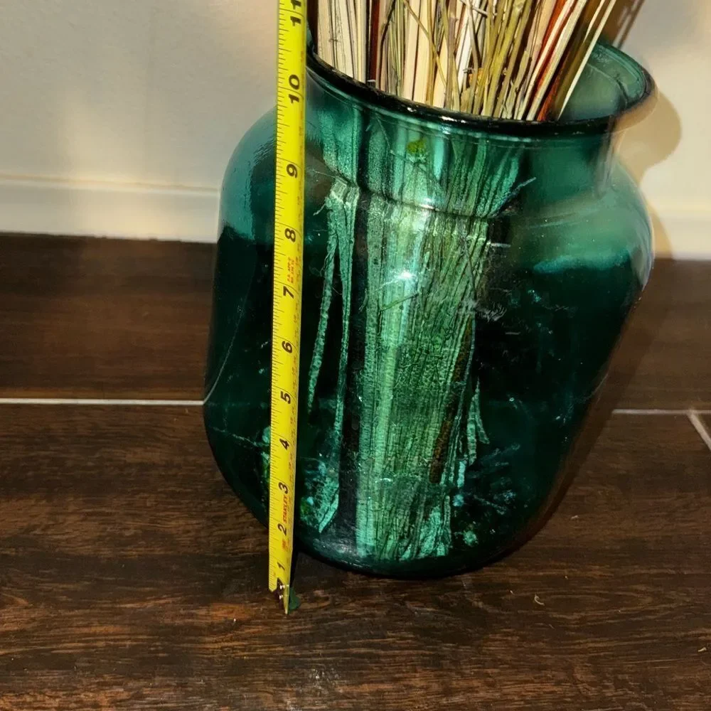 Stunning Dried Floral Arrangement in Blue- Green Glass Vase handmade in Spain